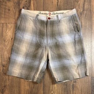 Tommy Bahama Men's Silk/Linen Plaid Shorts - Olive,Grey and Beige